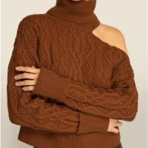 Paige x Anthropologie Raundi Cable Knit M Brown Red Cropped OffShoulder Pullover - Picture 7 of 13